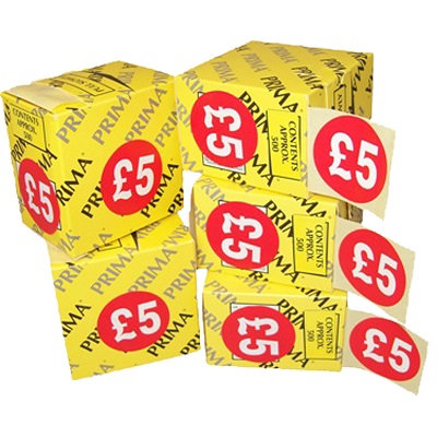 10,000 x "£5" Retail Price Labels Stickers In Dispenser Rolls (500/Roll)
